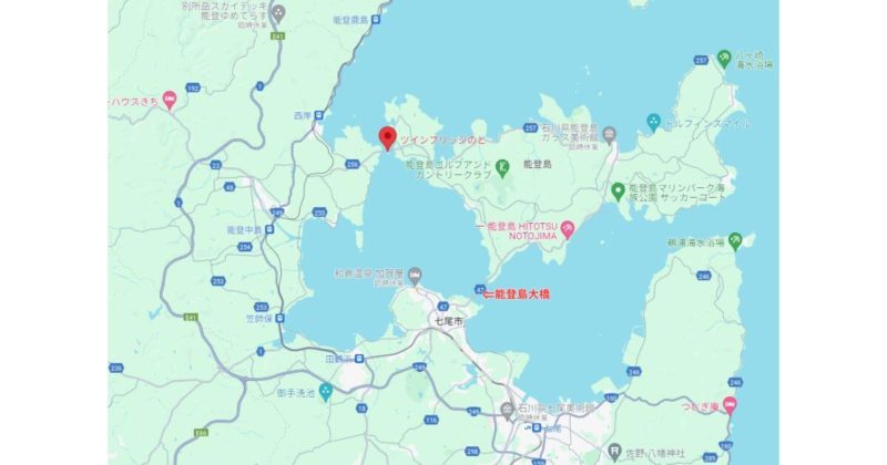 「ツインブリッジのと」と能登島とその周辺のＭＡＰ